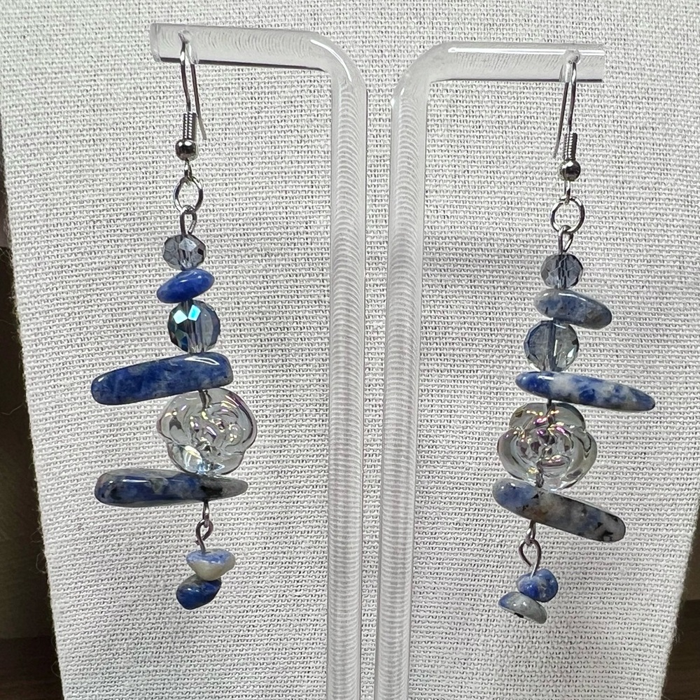 Asymmetrical Stones & Roses Artisan Dangle Earrings